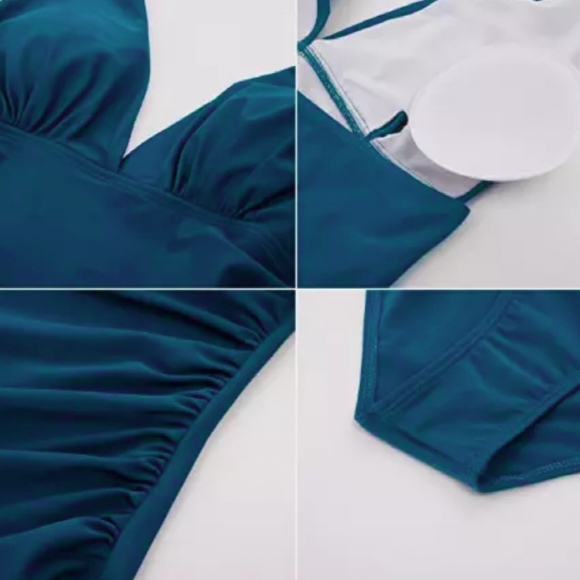 Zexxxy Womens S One Piece Teal Tummy Control Halter High Waisted Suit NWT - Picture 4 of 6